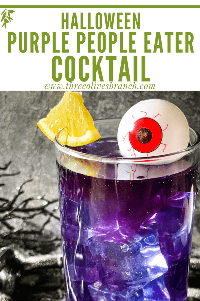 Pin image of Purple People Eater Halloween Cocktail (+Mocktail) with title at top