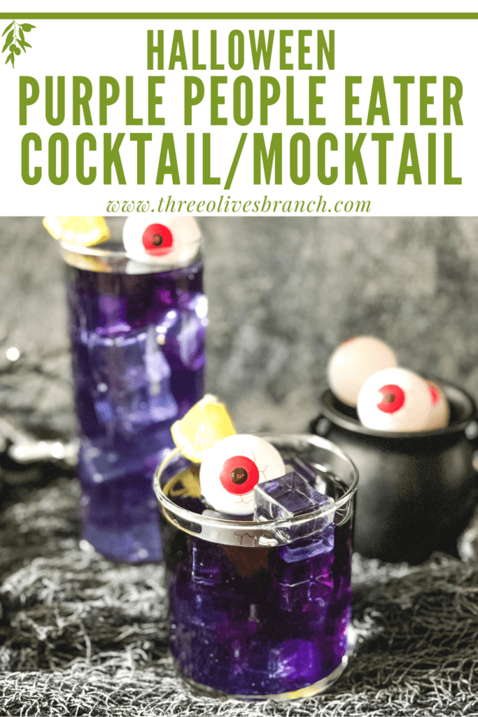 Pin image of Purple People Eater Halloween Cocktails with title at top