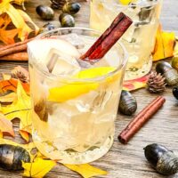 Fall cocktails with cinnamon and leaves around them