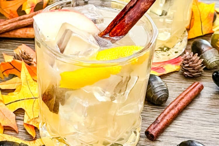 Fall cocktails with cinnamon and leaves around them
