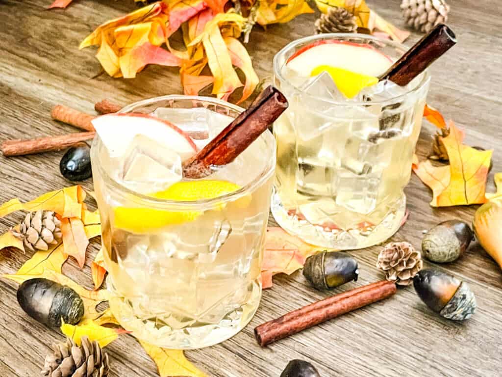 Two fall drinks with cinnamon and acorns around them