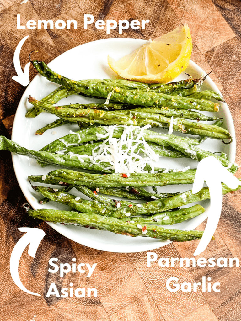 All Air Fryer Green Beans (3 Ways) on a small white plate with flavor labels