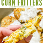 Pin image inside view of Corn and Zucchini Fritters in a hand with title at top