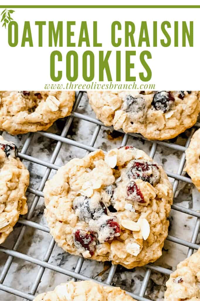 Pin image for Oatmeal Craisin Cookies on cookie rack with title at top