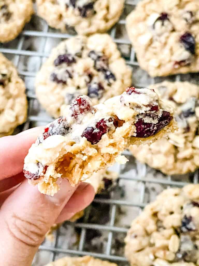 Hand holding half of Oatmeal Craisin Cookie inside view