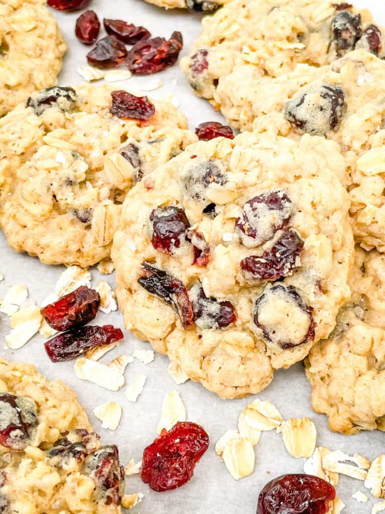 A close up of Oatmeal Craisin Cookies in a pile