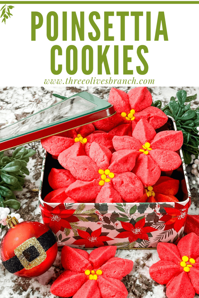 Pin image of Poinsettia Cookies in a tin with title at top