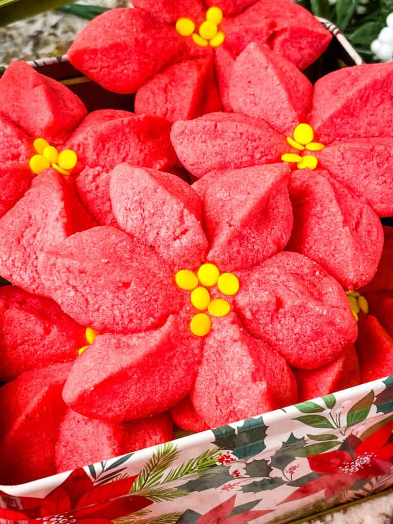 Close up of the Poinsettia Cookies in a pile