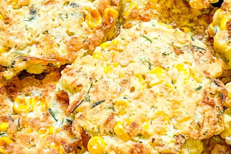Closer top view of Corn and Zucchini Fritters in a pile