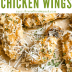 Pin image of Parmesan Garlic Chicken Wings on butcher paper with title at top