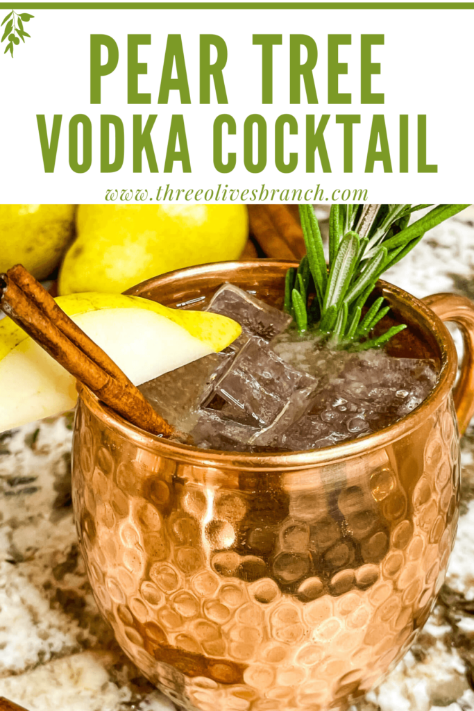 Pin of Pear Tree Vodka Cocktail in a copper mug with title at top