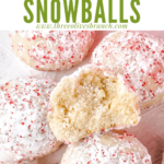 Pin of Peppermint Snowball Cookies with one half eaten and title at top