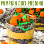 Pin of Pumpkin Patch Dirt Pudding Dessert in a small glass cup with title at top