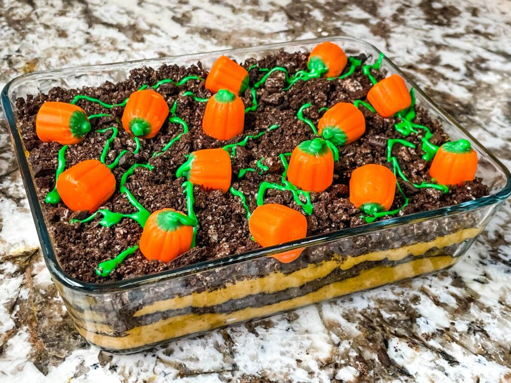 A large dish of Pumpkin Patch Dirt Pudding Dessert