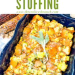 Pin image of Sausage Stuffing in a blue dish with title at top