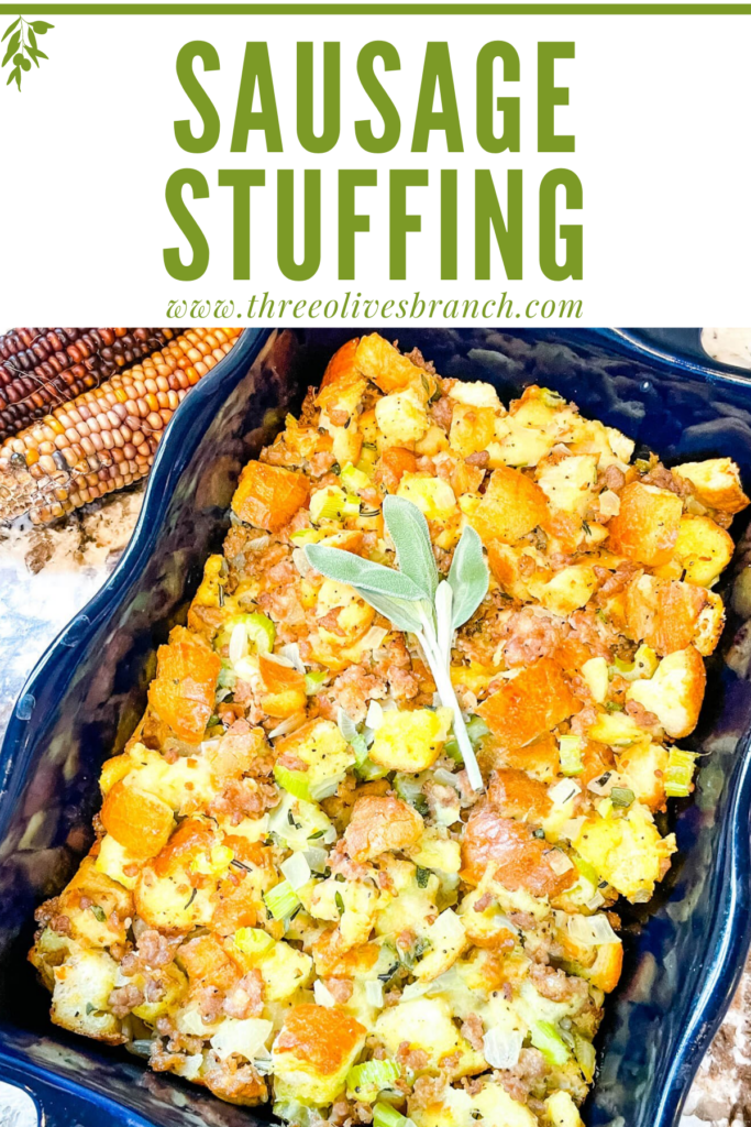 Pin image of Sausage Stuffing in a blue dish with title at top