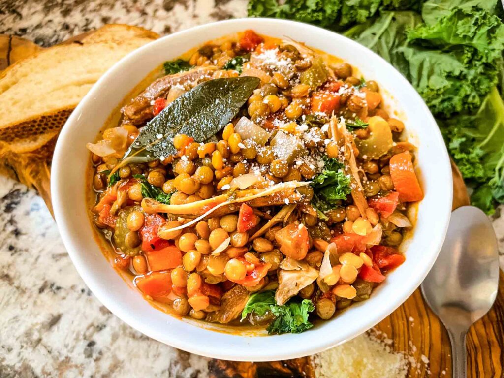 Turkey Lentil Soup in a white round bowl