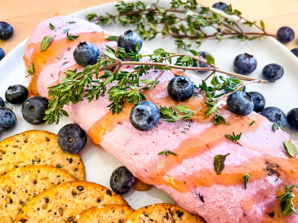 Close up of a Blueberry Goat Cheese log