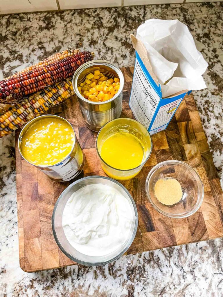 The ingredients needed for the recipe on a cutting board