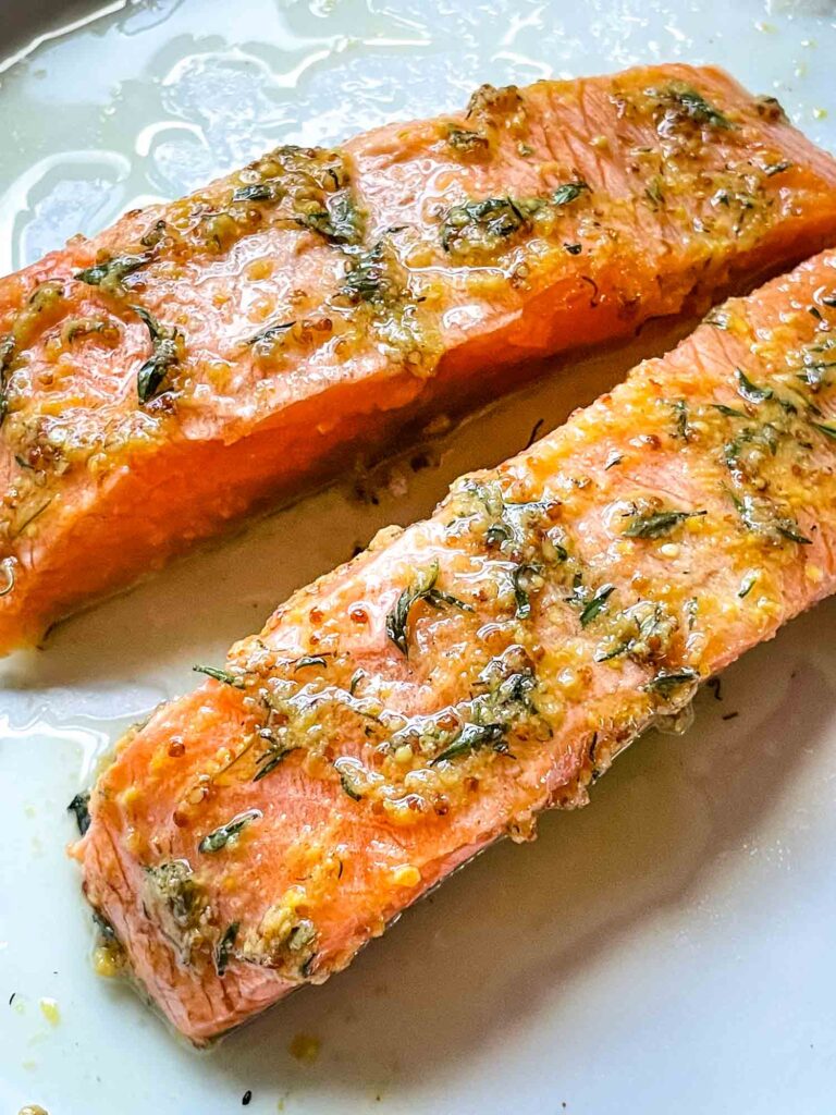 Salmon coated in the cooking sauce