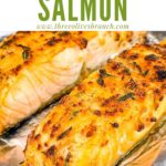 Pin of cooked Air Fry Salmon on tin foil with title at top