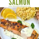 Short pin of Air Fry Salmon on a plate with remoulade sauce and title at top
