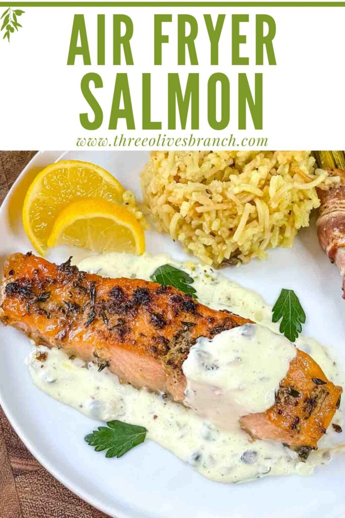 Short pin of Air Fry Salmon on a plate with remoulade sauce and title at top