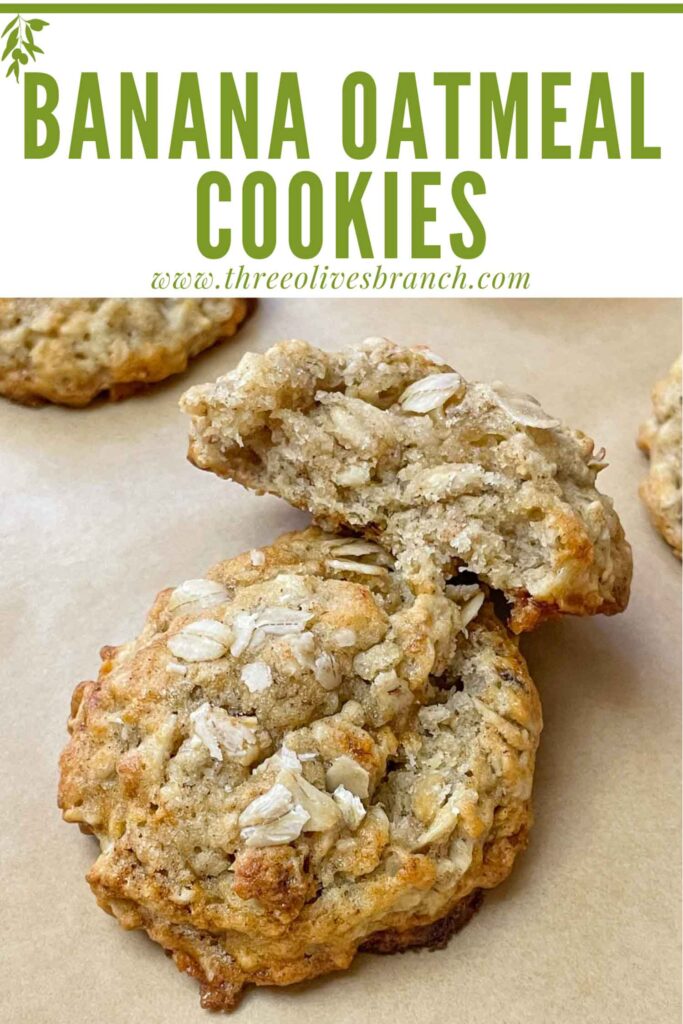 Pin of Banana Oatmeal Cookies piled on a baking sheet with title at top