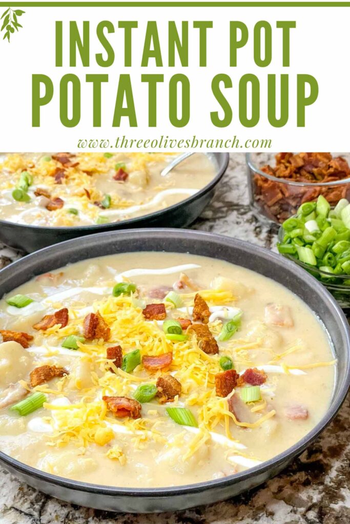Pin of Instant Pot Potato Soup in bowls with title at top