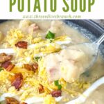 Pin of a spoon scooping Instant Pot Potato Soup out of a bowl with title at top