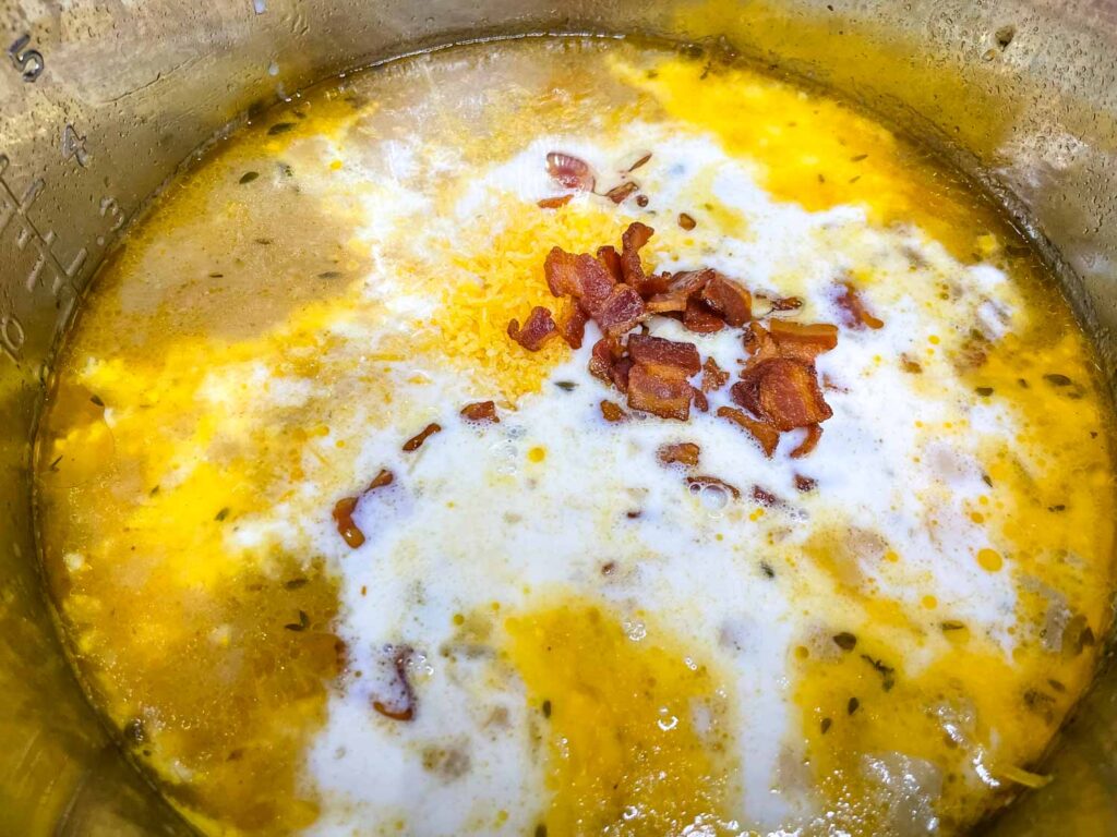 Making the Instant Pot Potato Soup and adding ingredients into the pot