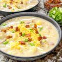 Two bowls of Instant Pot Potato Soup with toppings