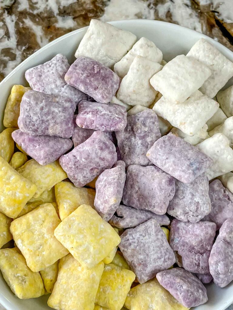 Close up of Minnesota Vikings Puppy Chow in a bowl separated by color