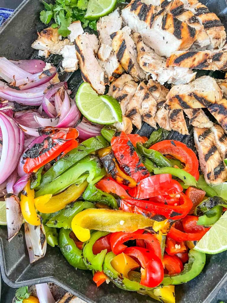 The ingredients for Chicken Fajita Tacos after being cooked and cut