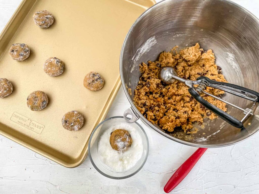 Top view of doigh being portioned out onto a baking sheet