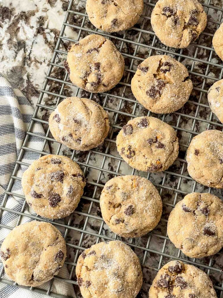 Chocolate Chip Cookies with Peanut Butter on a wire cooling rack