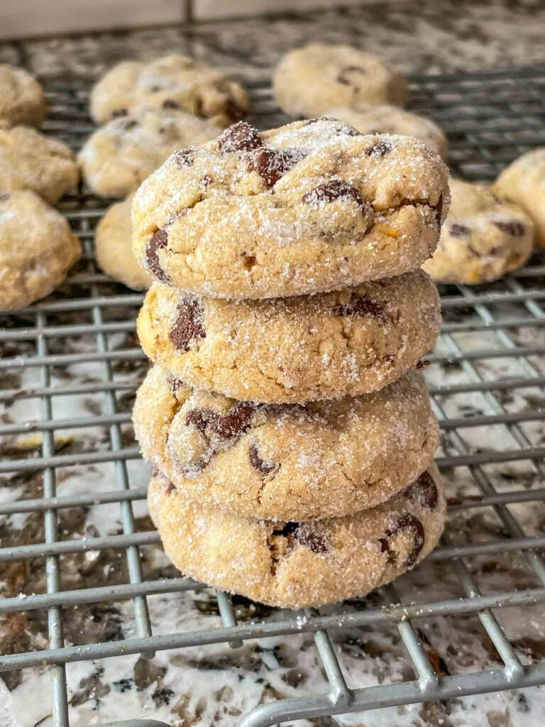 Four Chocolate Chip Cookies with Peanut Butter stacked in a tower