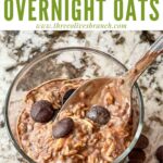 Pin of a spoon scooping into Chocolate Overnight Oats with title at top
