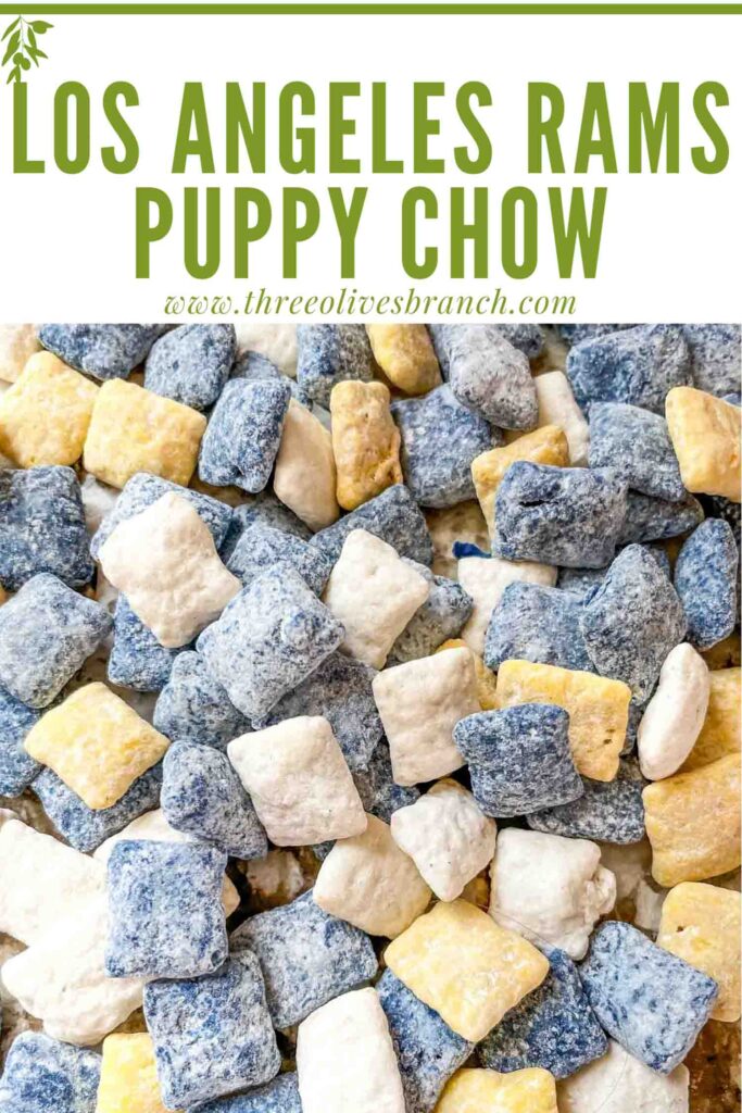Pin of a pile of Los Angeles Rams Puppy Chow with title at top