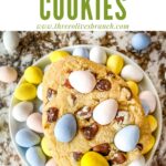 Pin of a Mini Eggs Cookie on a bed of mini eggs with title at top