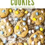 Pin of Mini Eggs Cookies with candy eggs around them and title at top