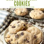 Pin of Chocolate Chip Cookies with Peanut Butter on a small plate with title at top