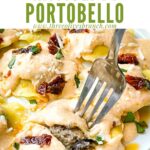 Pin of Copycat Olive Garden Ravioli Di Portobello cut open with a fork and title