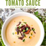 Pin of Creamy Sundried Tomato Sauce in a bowl with title at top
