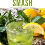 Pin of Gin Basil Smash in a glass with title at top