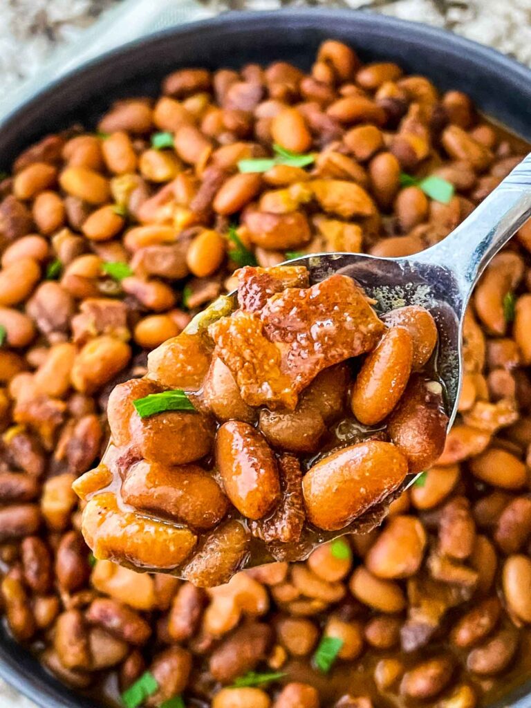 A spoon scooping the beans out of a bowl