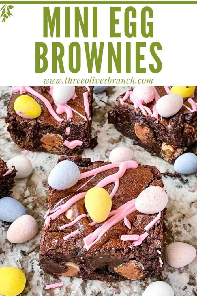 Pin of Mini Egg Brownies on a counter with title at top