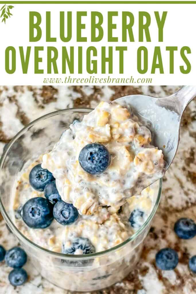 Pin of a spoon scooping Blueberry Overnight Oats with title at top