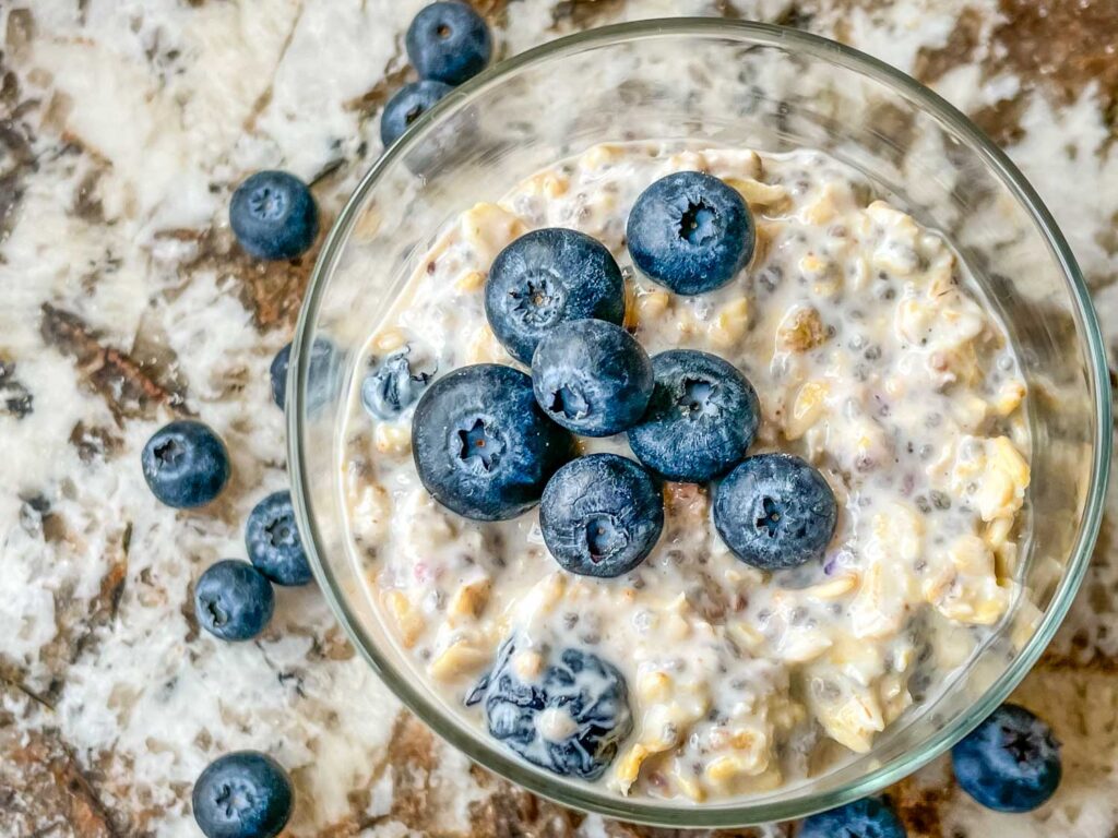 Top view of Blueberry Overnight Oats with berries