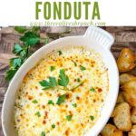 Pin of Copycat Olive Garden Smoked Mozzarella Fonduta in a baking dish with title at top